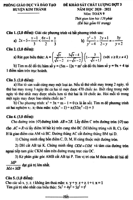 Đề KSCL lớp 9 môn Toán đợt 3 năm 2020 2021 phòng GD ĐT Kim Thành Hải Dương