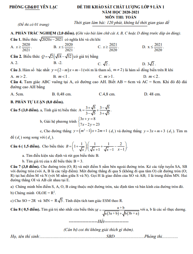 Đề KSCL lớp 9 môn Toán lần 1 năm 2020 2021 phòng GD ĐT Yên Lạc Vĩnh Phúc