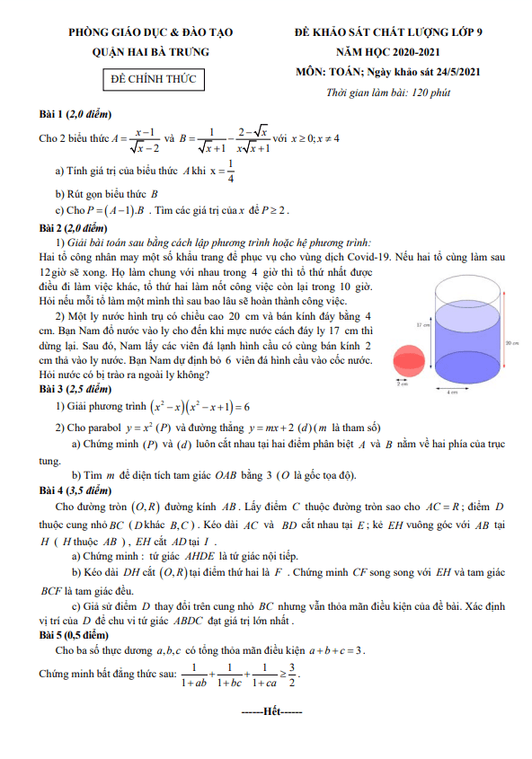 Đề KSCL lớp 9 môn Toán năm 2020 2021 phòng GD ĐT quận Hai Bà Trưng Hà Nội