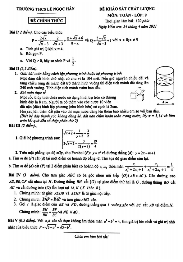 Đề KSCL lớp 9 môn Toán năm 2020 2021 trường THCS Lê Ngọc Hân Hà Nội