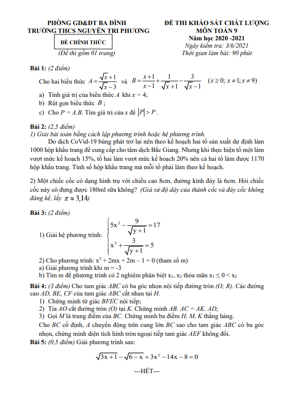 Đề KSCL lớp 9 môn Toán năm 2020 2021 trường THCS Nguyễn Tri Phương Hà Nội
