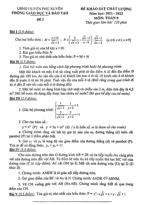 Đề KSCL lớp 9 môn Toán năm 2021 2022 phòng GD ĐT Phú Xuyên Hà Nội