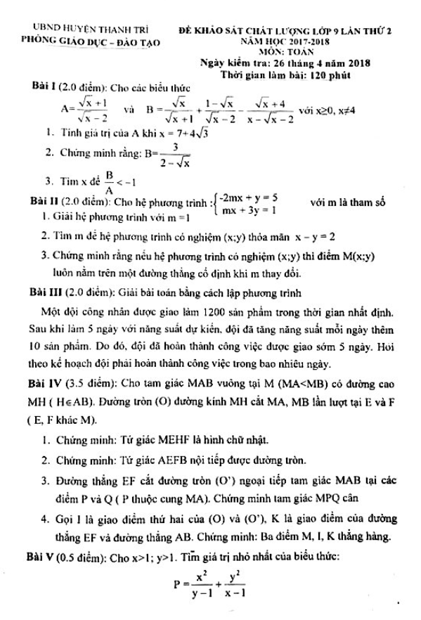 Đề KSCL lớp 9 môn Toán năm học 2017 2018 phòng GD và ĐT Thanh Trì Hà Nội lần 2