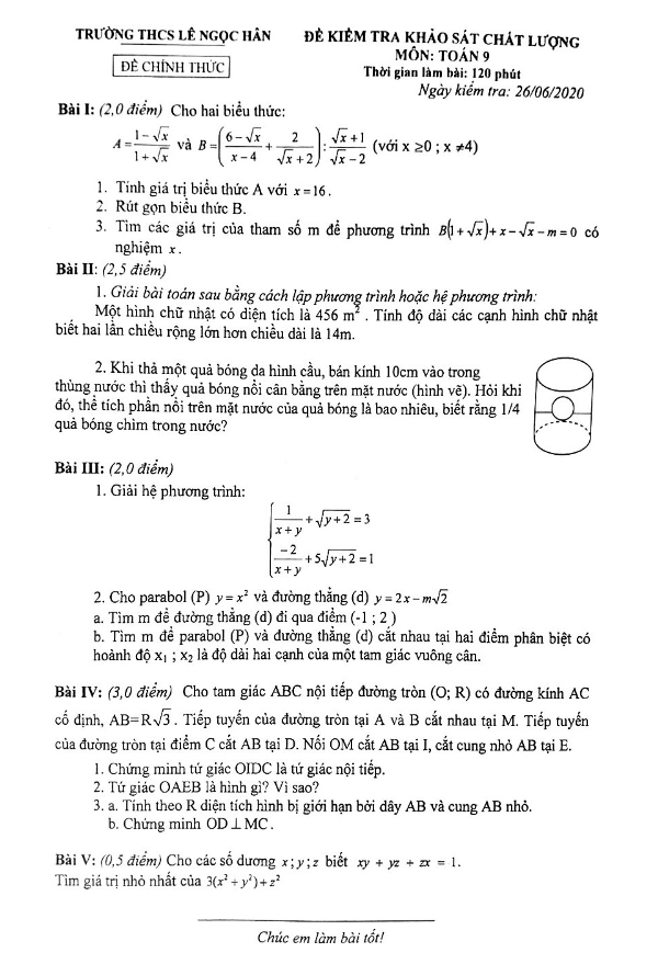 Đề KSCL lớp 9 môn Toán năm học 2019 2020 trường THCS Lê Ngọc Hân Hà Nội