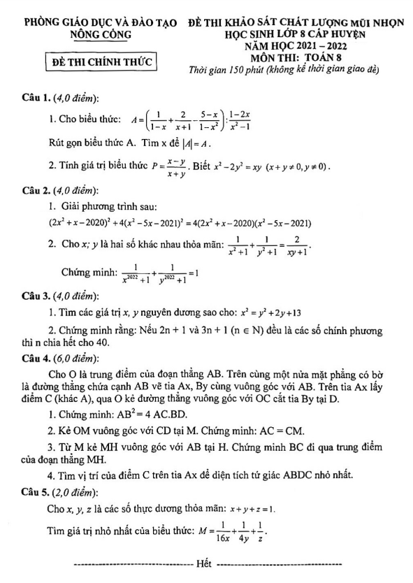 Đề KSCL mũi nhọn lớp 8 môn Toán năm 2021 2022 phòng GD ĐT Nông Cống Thanh Hóa