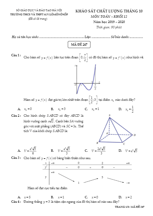Đề KSCL tháng 10 Toán 12 năm 2019 2020 trường M.V Lômônôxốp Hà Nội