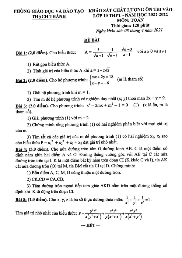 Đề KSCL Toán thi vào năm 2021 2022 phòng GD ĐT Thạch Thành Thanh Hóa