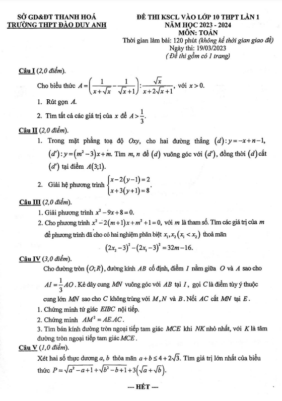Đề KSCL Toán vào 10 lần 1 năm 2023 2024 trường THPT Đào Duy Anh Thanh Hóa