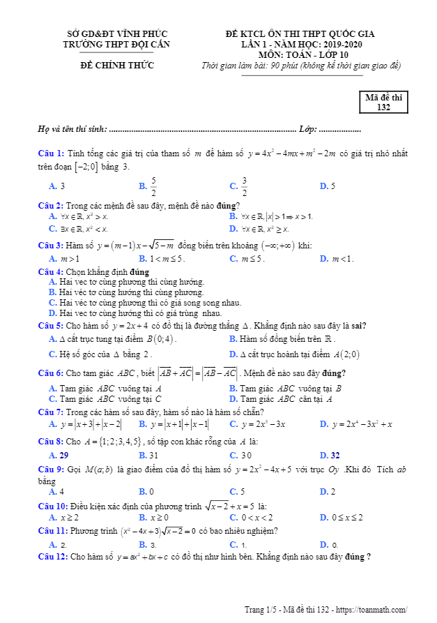 Đề KTCL lớp 10 môn Toán lần 1 ôn thi THPTQG 2019 2020 trường Đội Cấn Vĩnh Phúc