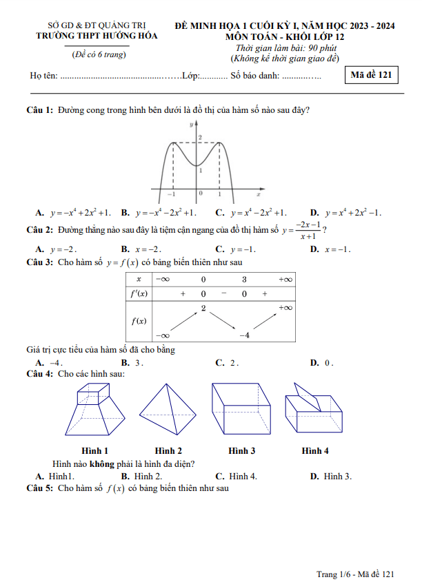 Đề minh họa cuối học kì 1 (HK1) lớp 12 môn Toán năm 2023 2024 trường THPT Hướng Hóa Quảng Trị