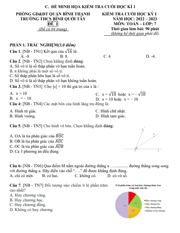 Đề minh họa cuối học kì 1 (HK1) lớp 7 môn Toán năm 2022 2023 trường THCS Bình Quới Tây TP HCM