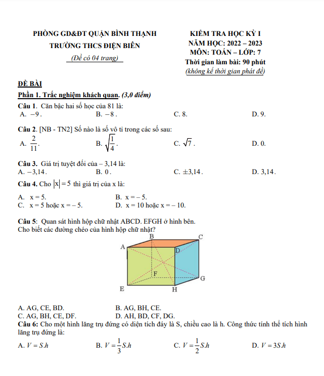 Đề minh họa cuối học kì 1 (HK1) lớp 7 môn Toán năm 2022 2023 trường THCS Điện Biên TP HCM