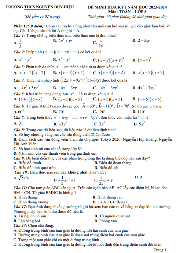 Đề minh họa cuối học kì 1 (HK1) lớp 8 môn Toán năm 2023 2024 trường Nguyễn Duy Hiệu Quảng Nam