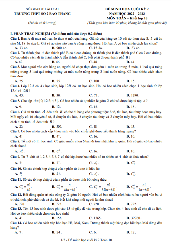 Đề minh họa cuối học kì 2 (HK2) lớp 10 môn Toán năm 2022 2023 trường THPT Bảo Thắng 2 Lào Cai