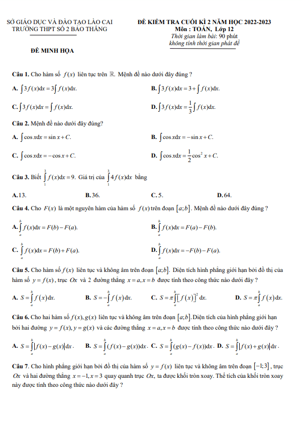 Đề minh họa cuối học kì 2 (HK2) lớp 12 môn Toán năm 2022 2023 trường THPT Bảo Thắng 2 Lào Cai