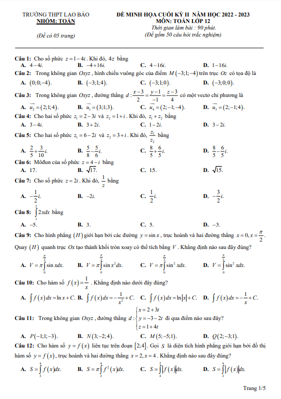 Đề minh họa cuối học kì 2 (HK2) lớp 12 môn Toán năm 2022 2023 trường THPT Lao Bảo Quảng Trị