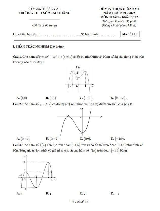 Đề minh họa giữa học kì 1 (HK1) lớp 12 môn Toán năm 2021 2022 trường THPT Bảo Thắng 2 Lào Cai