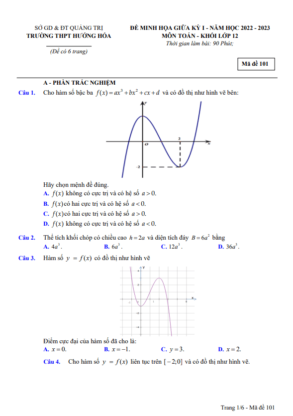 Đề minh họa giữa học kì 1 (HK1) lớp 12 môn Toán năm 2022 2023 trường THPT Hướng Hóa Quảng Trị