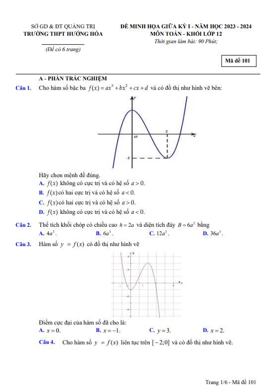 Đề minh họa giữa học kì 1 (HK1) lớp 12 môn Toán năm 2023 2024 trường THPT Hướng Hóa Quảng Trị