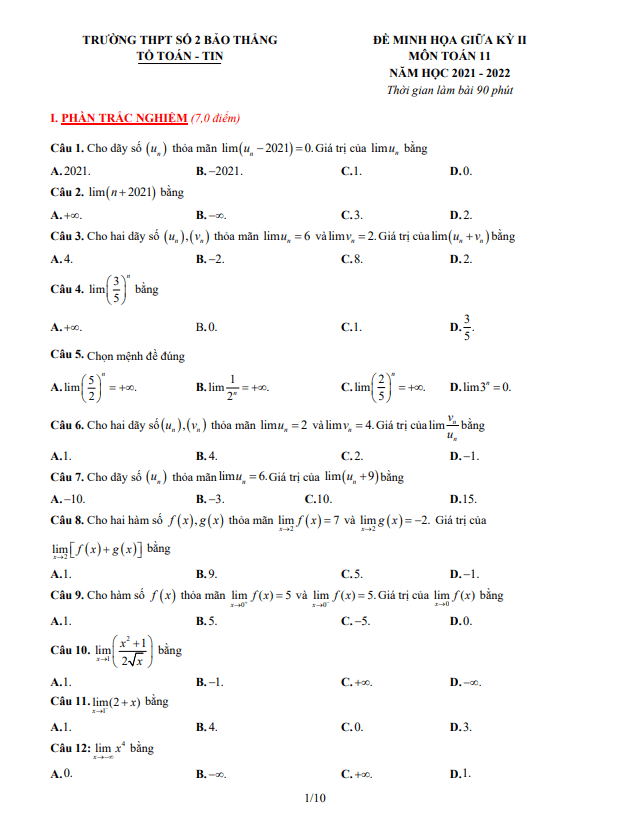 Đề minh họa giữa học kì 2 (HK2) lớp 11 môn Toán năm 2021 2022 trường THPT Bảo Thắng 2 Lào Cai