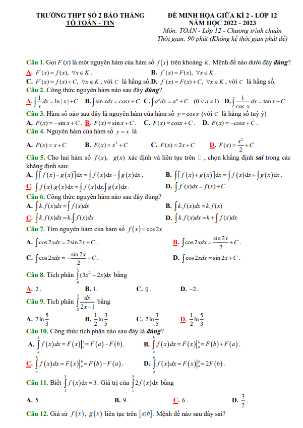 Đề minh họa giữa học kì 2 (HK2) lớp 12 môn Toán năm 2022 2023 trường THPT Bảo Thắng 2 Lào Cai