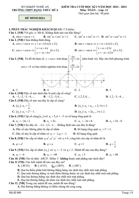 Đề minh họa học kì 1 (HK1) lớp 11 môn Toán năm 2023 2024 trường THPT Đặng Thúc Hứa Nghệ An