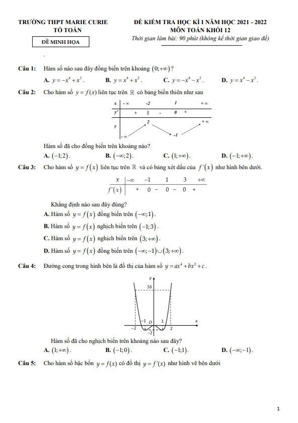 Đề minh họa học kì 1 (HK1) lớp 12 môn Toán năm 2021 2022 trường THPT Marie Curie TP HCM