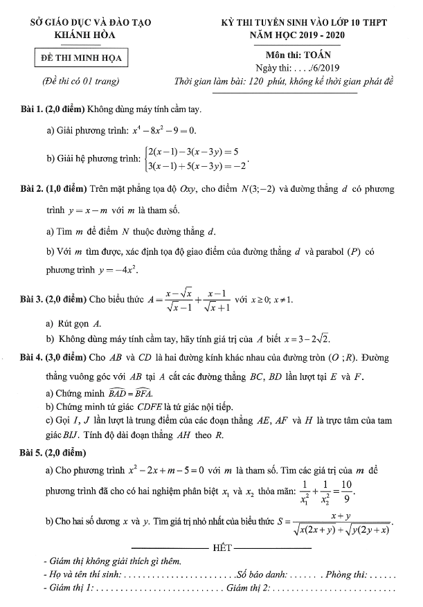 Đề minh họa Toán tuyển sinh năm 2019 2020 sở GD ĐT Khánh Hòa