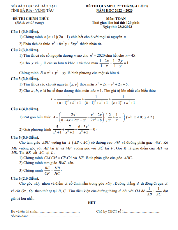 Đề Olympic 27 tháng 04 lớp 8 môn Toán năm 2022 2023 sở GD ĐT Bà Rịa Vũng Tàu