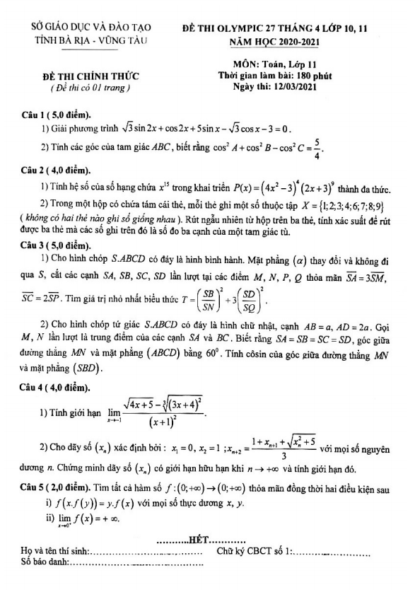 Đề Olympic 27 tháng 4 lớp 11 môn Toán năm 2020 2021 sở GD ĐT Bà Rịa Vũng Tàu