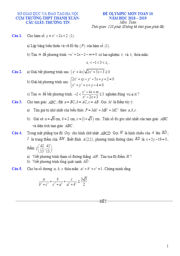 Đề Olympic lớp 10 môn Toán năm 2019 cụm THPT Thanh Xuân Cầu Giấy Thường Tín Hà Nội