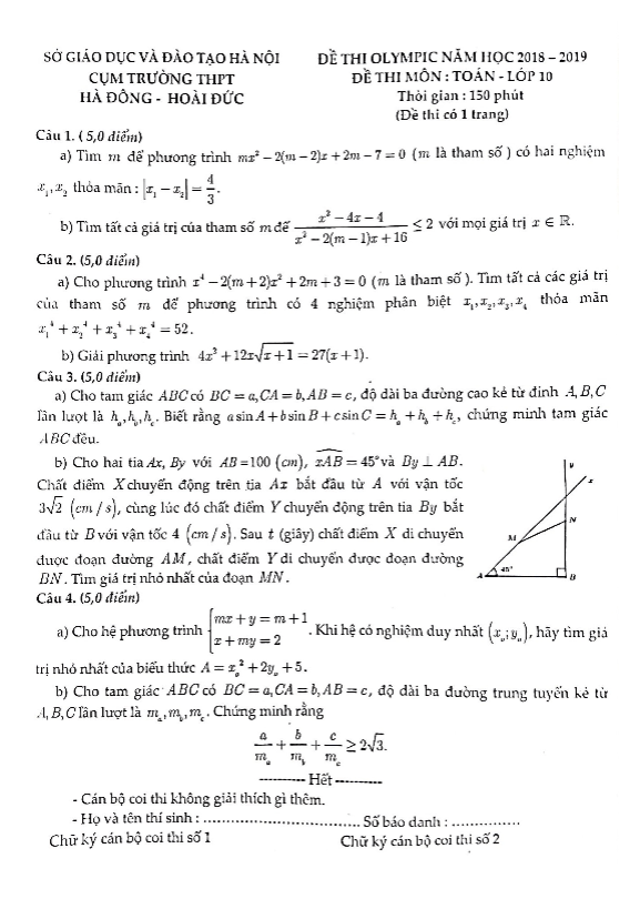 Đề Olympic lớp 10 môn Toán năm 2019 cụm trường THPT Hà Đông Hoài Đức Hà Nội