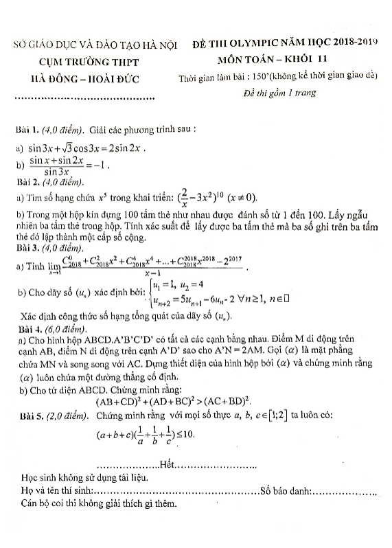 Đề Olympic lớp 11 môn Toán năm 2019 cụm trường THPT Hà Đông – Hoài Đức – Hà Nội