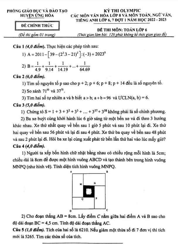 Đề Olympic lớp 6 môn Toán đợt 1 năm 2022 2023 phòng GD ĐT Ứng Hòa Hà Nội