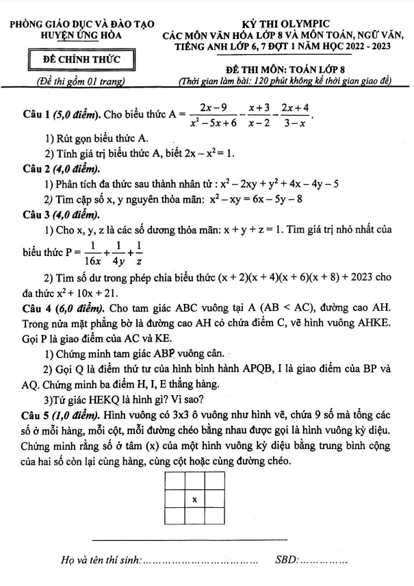 Đề Olympic lớp 8 môn Toán đợt 1 năm 2022 2023 phòng GD ĐT Ứng Hòa Hà Nội