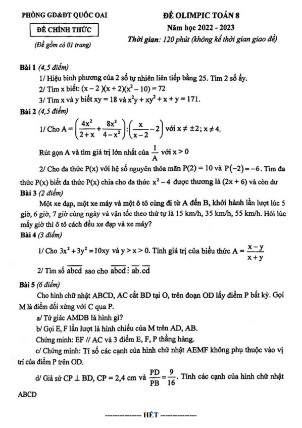 Đề Olympic lớp 8 môn Toán năm 2022 2023 phòng GD ĐT Quốc Oai Hà Nội