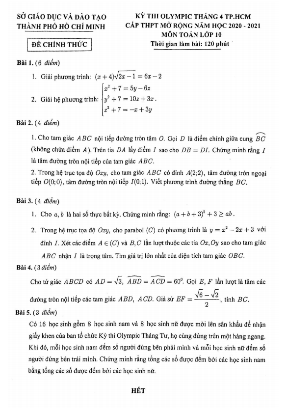 Đề Olympic tháng 4 lớp 10 môn Toán năm 2020 2021 sở GD ĐT TP Hồ Chí Minh