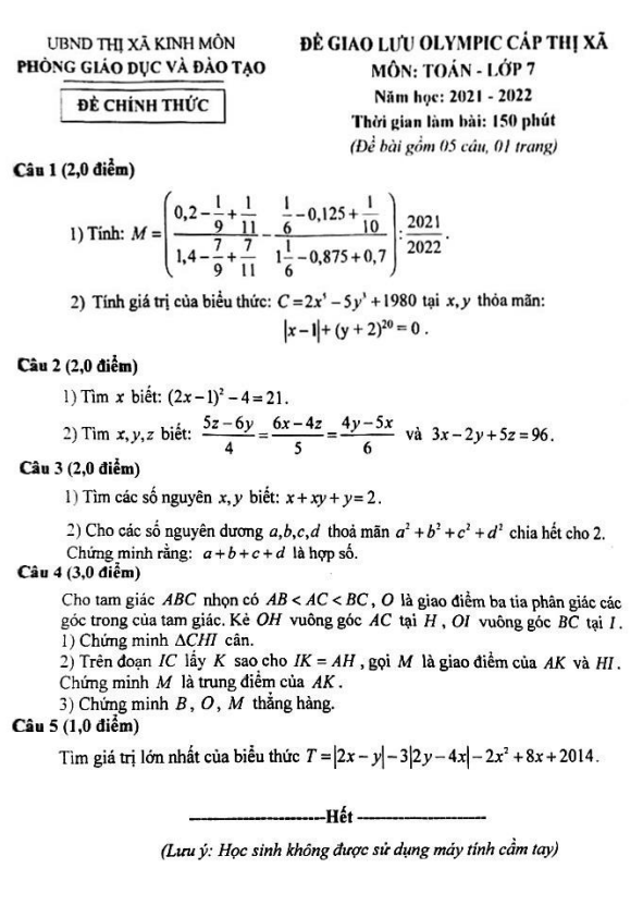 Đề Olympic Toán 7 năm 2021 2022 phòng GD ĐT Kinh Môn Hải Dương