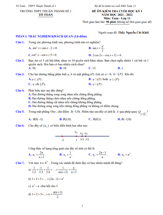 Đề ôn tập cuối học kì 1 (HK1) lớp 11 môn Toán năm 2021 2022 trường Thuận Thành 1 Bắc Ninh