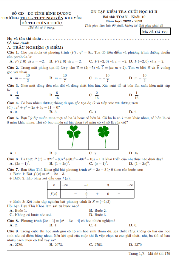 Đề ôn tập cuối học kì 2 (HK2) lớp 10 môn Toán năm 2022 2023 trường Nguyễn Khuyến Bình Dương