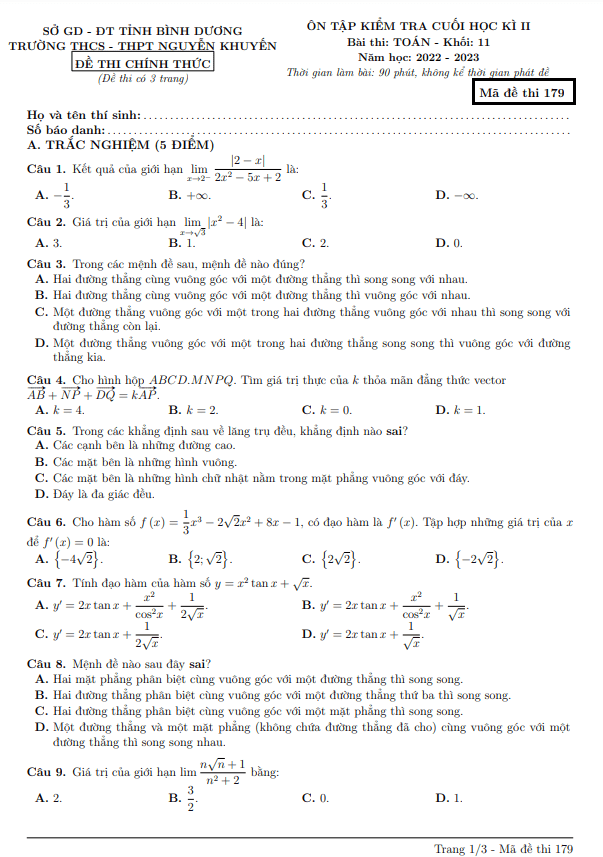Đề ôn tập cuối học kì 2 (HK2) lớp 11 môn Toán năm 2022 2023 trường Nguyễn Khuyến Bình Dương