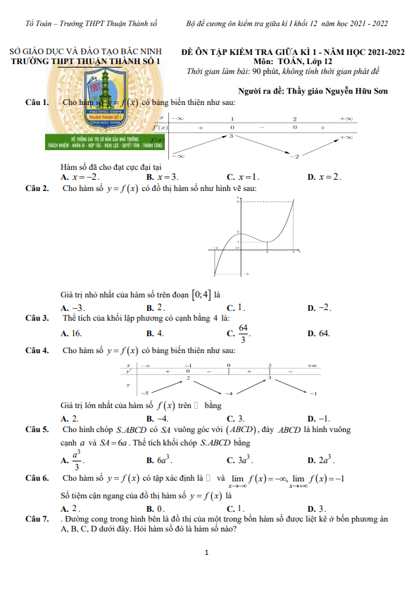 Đề ôn tập giữa học kì 1 (HK1) lớp 12 môn Toán năm 2021 2022 trường Thuận Thành 1 Bắc Ninh
