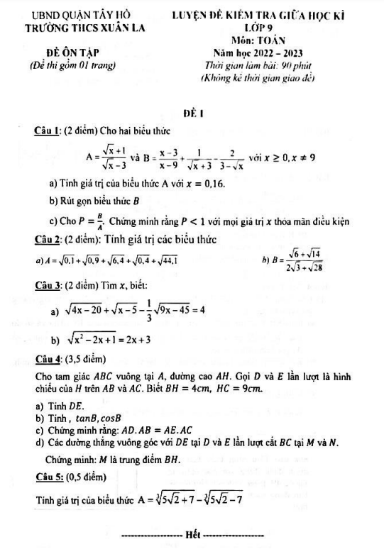 Đề ôn tập giữa học kì 1 (HK1) lớp 9 môn Toán năm 2022 2023 trường THCS Xuân La Hà Nội
