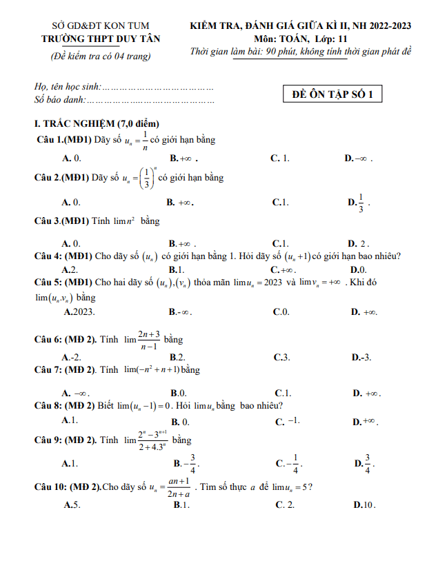 Đề ôn tập giữa học kì 2 (HK2) lớp 11 môn Toán năm 2022 2023 trường THPT Duy Tân Kon Tum