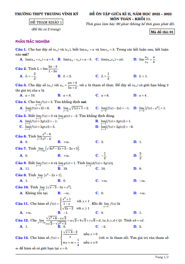 Đề ôn tập giữa học kì 2 (HK2) lớp 11 môn Toán năm 2022 2023 trường THPT Trương Vĩnh Ký Bến Tre