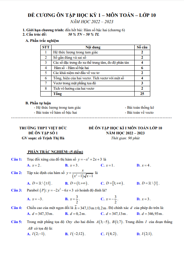 Đề ôn tập học kì 1 (HK1) lớp 10 môn Toán năm 2022 2023 trường THPT Việt Đức Hà Nội