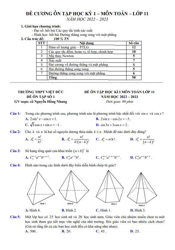 Đề ôn tập học kì 1 (HK1) lớp 11 môn Toán năm 2022 2023 trường THPT Việt Đức Hà Nội