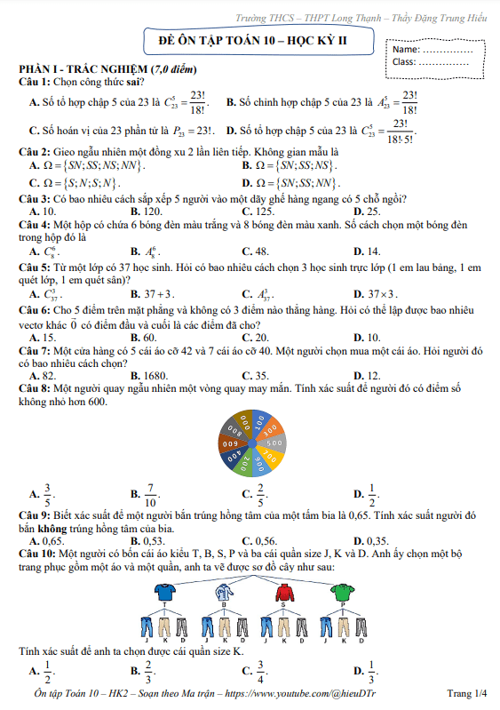 Đề ôn tập học kì 2 (HK2) lớp 10 môn Toán năm 2022 2023 trường Long Thạnh Kiên Giang