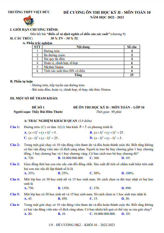 Đề ôn tập học kì 2 (HK2) lớp 10 môn Toán năm 2022 2023 trường THPT Việt Đức Hà Nội