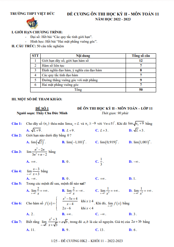 Đề ôn tập học kì 2 (HK2) lớp 11 môn Toán năm 2022 2023 trường THPT Việt Đức Hà Nội